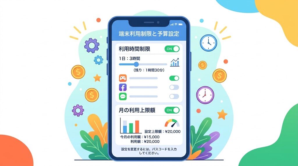 スマートフォンでDiscordの利用時間制限や課金上限を設定している画面のイメージ