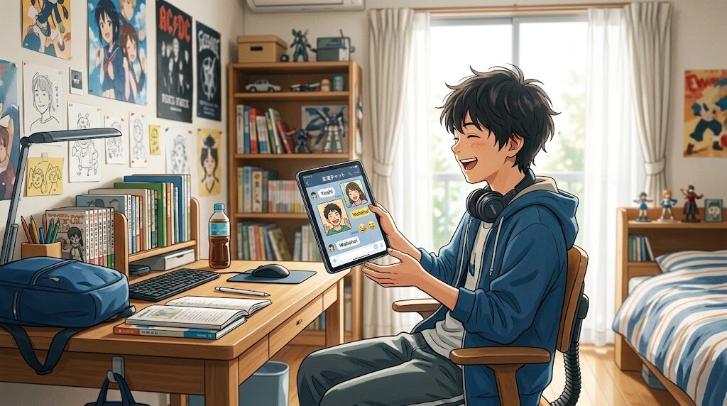 中学生くらいの子どもが自室でタブレットのDiscordを楽しそうに使っている様子