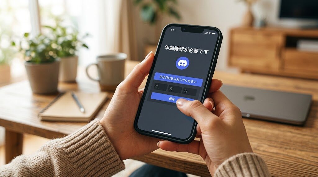 スマートフォンでDiscordアプリの年齢確認画面を見ている手元の様子