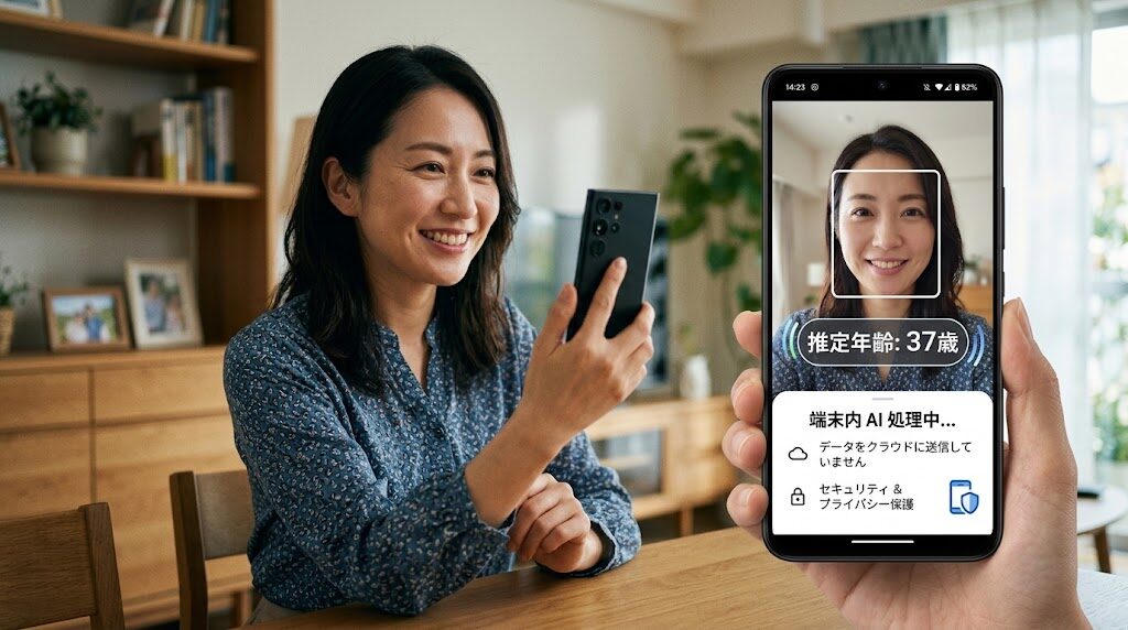 スマートフォンで顔を映して年齢推定を行っている様子、端末内で処理されているイメージ