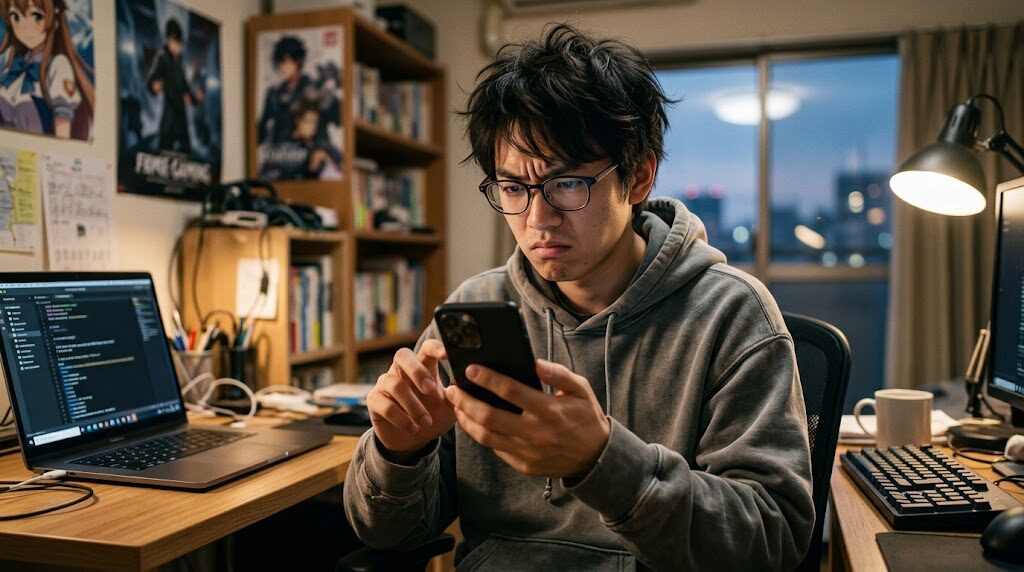 スマートフォンでNitroプレゼントのメッセージを疑わしそうに確認している様子