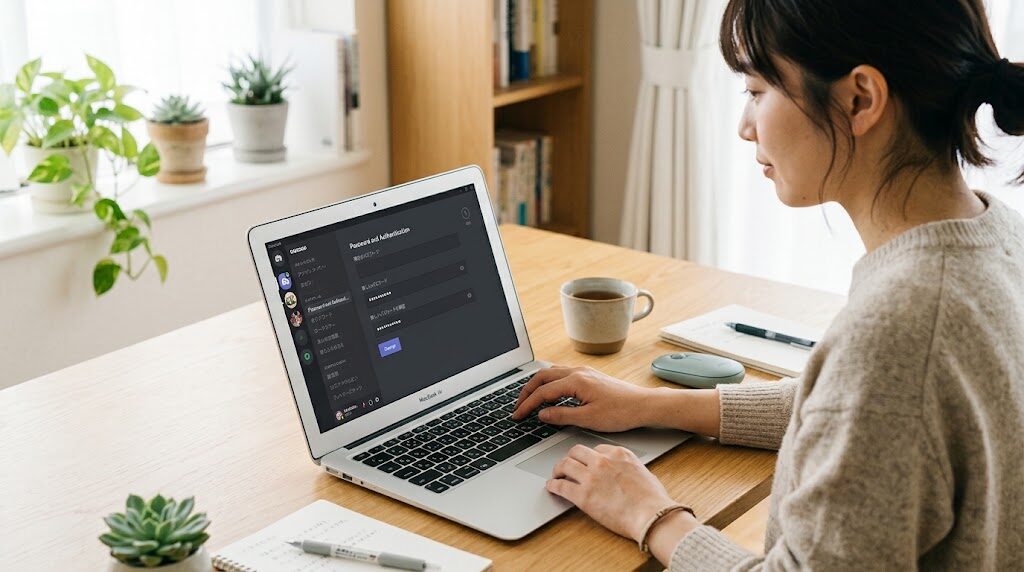 パソコンでDiscordのパスワードを変更している手元の様子、落ち着いて対応している雰囲気