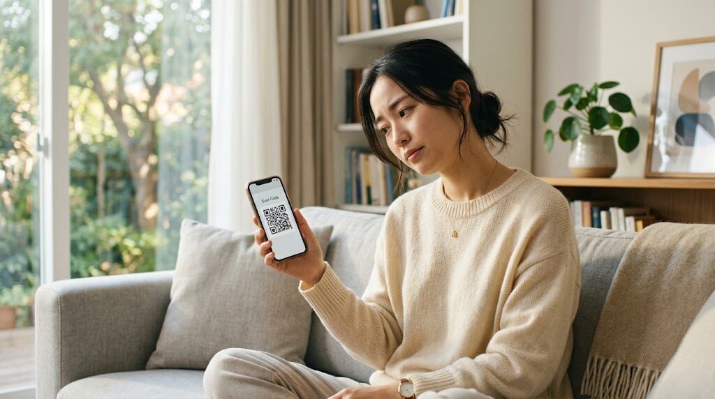 スマートフォンで不審なQRコードを警戒しながら確認している様子