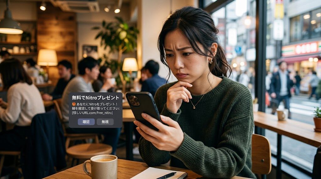 スマートフォンに表示された怪しいメッセージを警戒しながら見ている様子