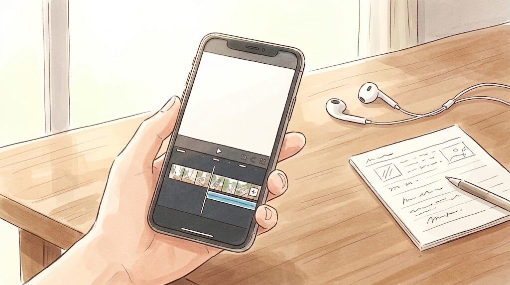 スマートフォンで動画のタイムラインを見ながら編集しているイメージ