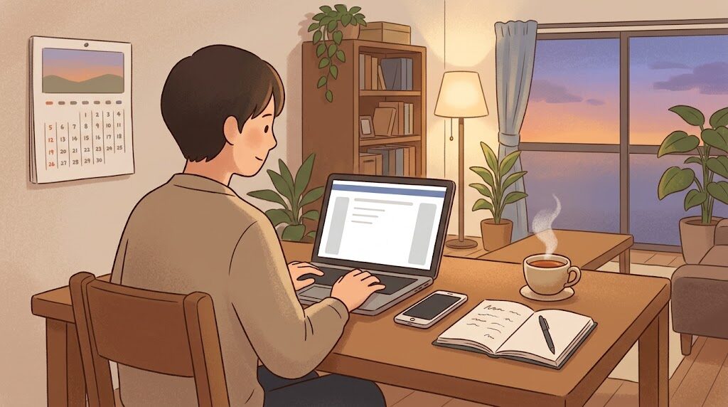 自宅の机でノートパソコンとスマートフォンを前に、落ち着いて調べ物をする人