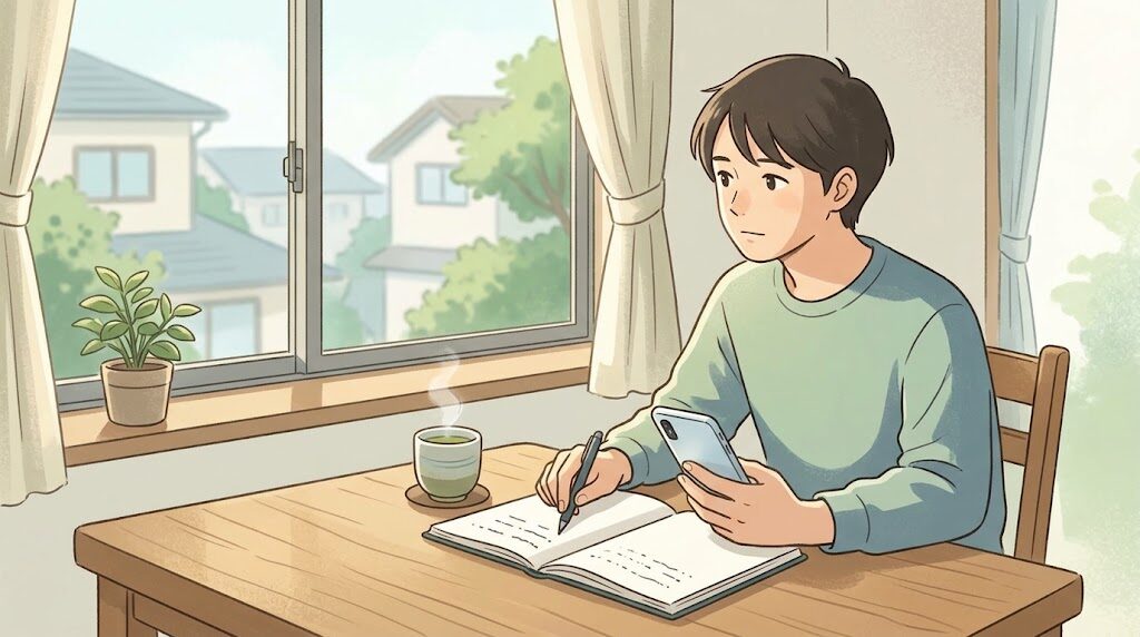 窓際のテーブルで、スマートフォンを手にノートに書き留める人