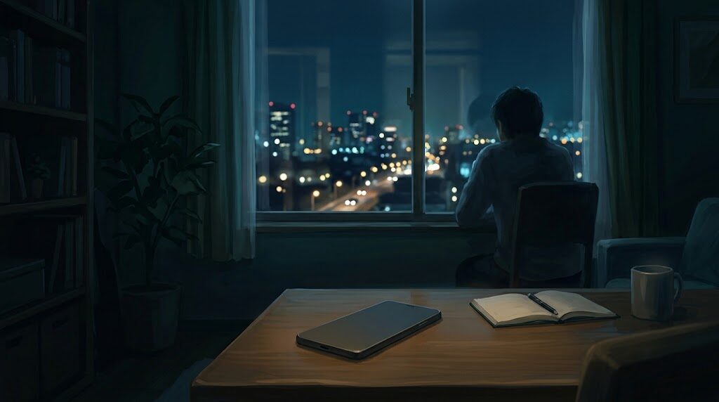 夜の部屋で、スマートフォンを伏せて机に置き、窓の外を静かに見つめる人の後ろ姿