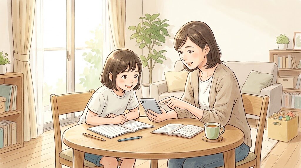 リビングのテーブルで、保護者と子どもが一緒にスマートフォンの画面を見ながら話し合っている様子
