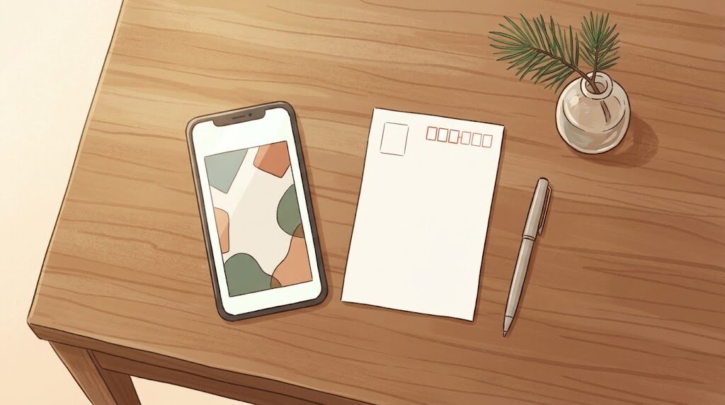 机の上のスマートフォンと、ペンと、まだ何も書かれていない年賀はがき