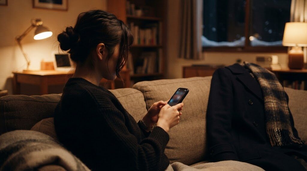 スマートフォンに届いた不審なメッセージを、立ち止まって確認している手元のイメージ