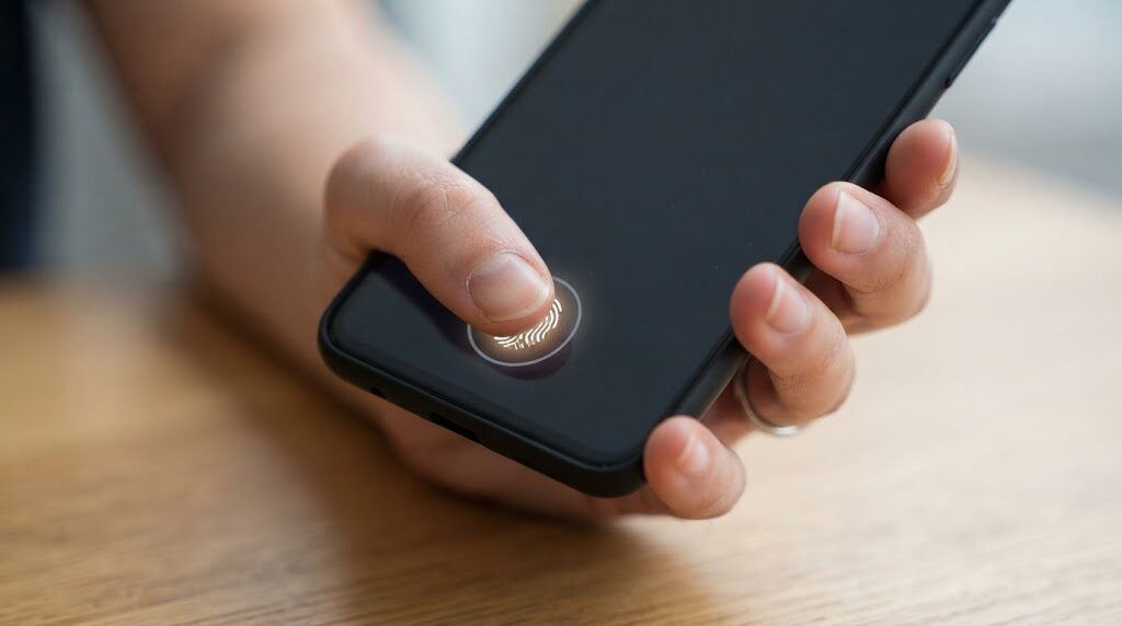 スマートフォンの画面ロックを指紋で解除しようとしている手元のイメージ
