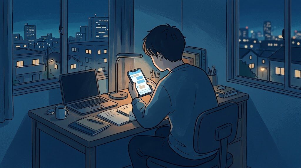 夜の机でスマートフォンの画面を見つめる若者の後ろ姿と、窓の外の街の灯り